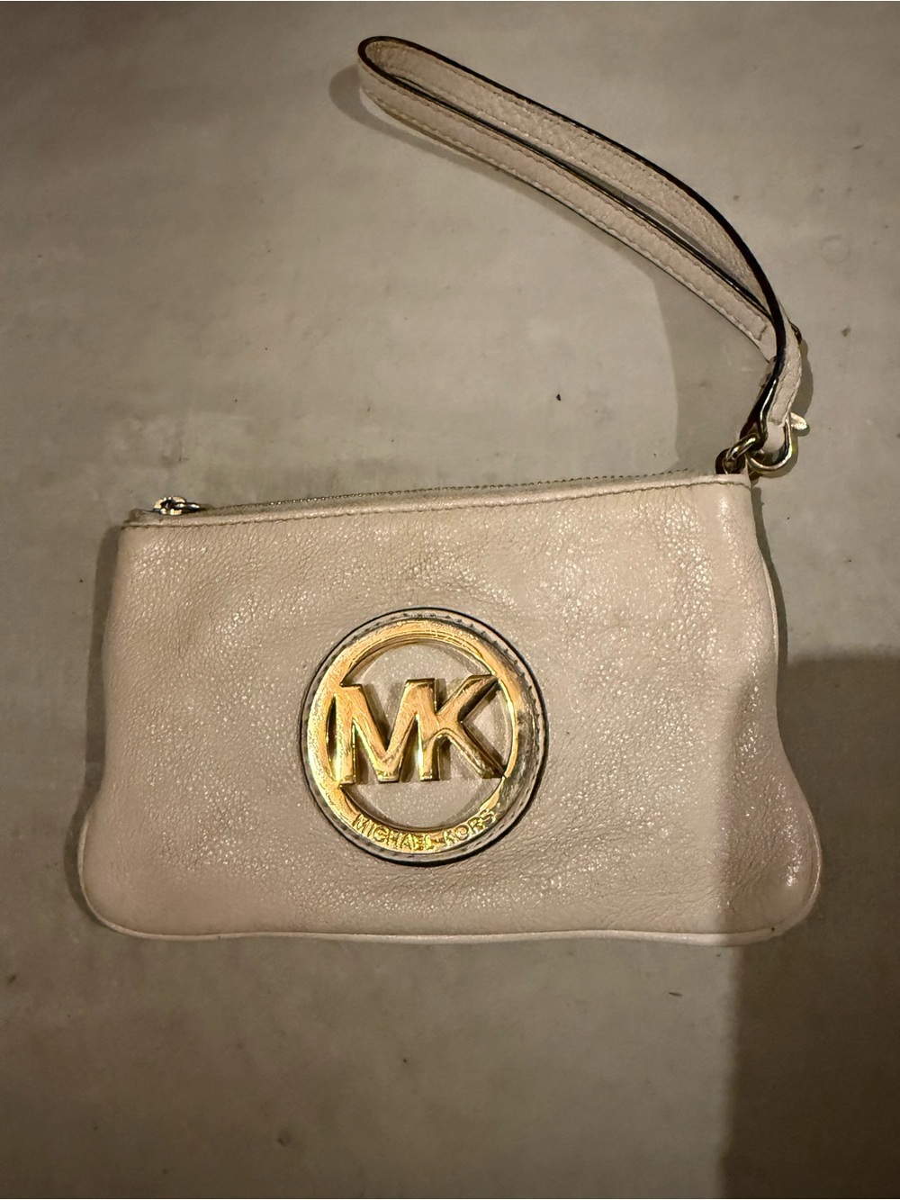 Michael Kors Cream Leather Wristlet Clutch with Gold MK Emblem